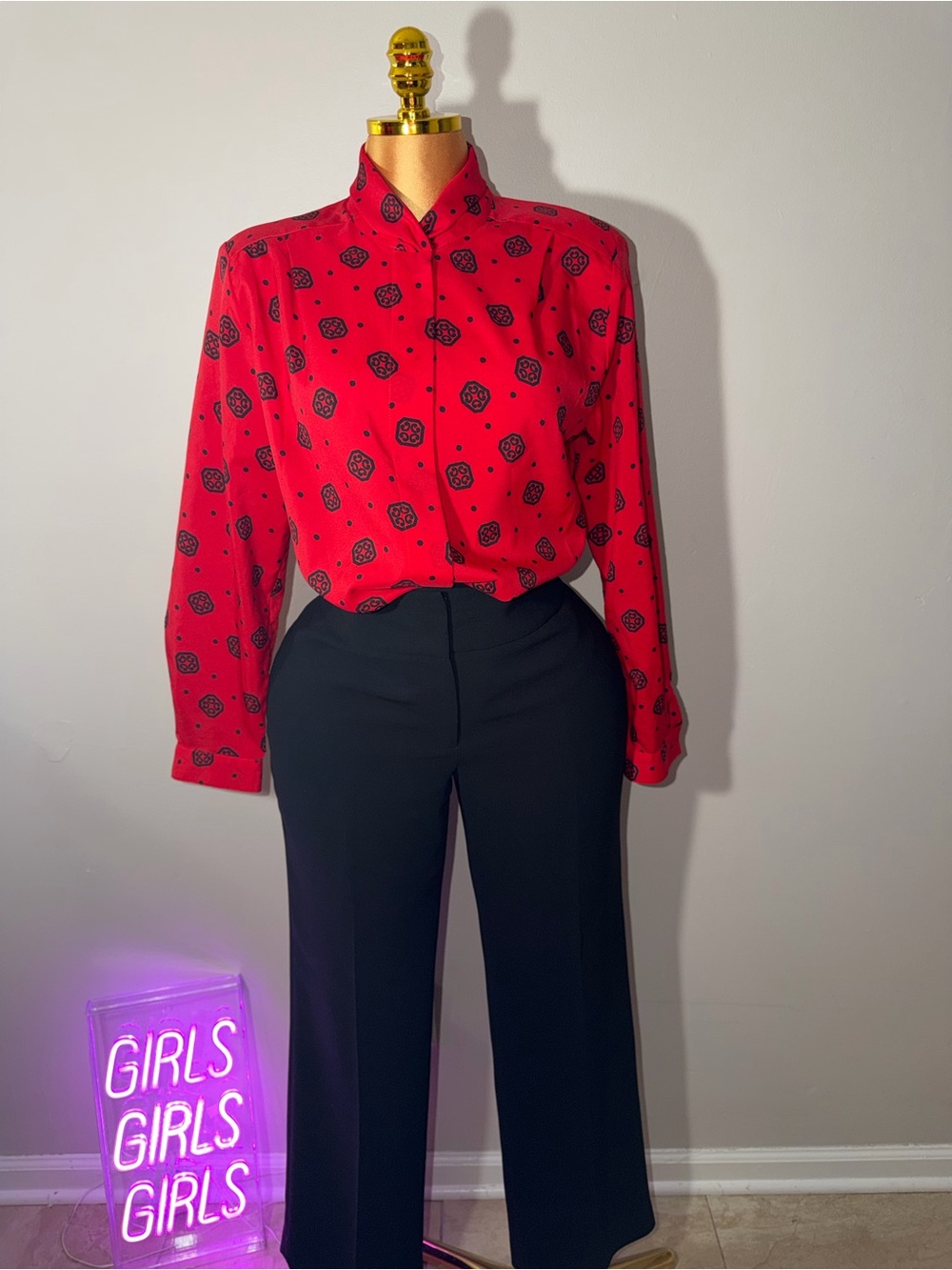 Red Printed Button-Down Women's Blouse with Mandarin Collar